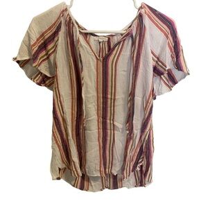 💜 Maurice Striped Ruffle Sleeve Blouse | Pink Blue Gold White | Women's XL